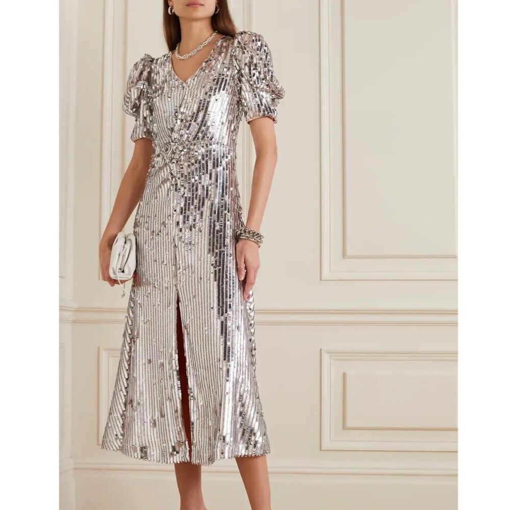 ROTATE Birger Christensen Sequined Puff Sleeve Midi Dress in Silver